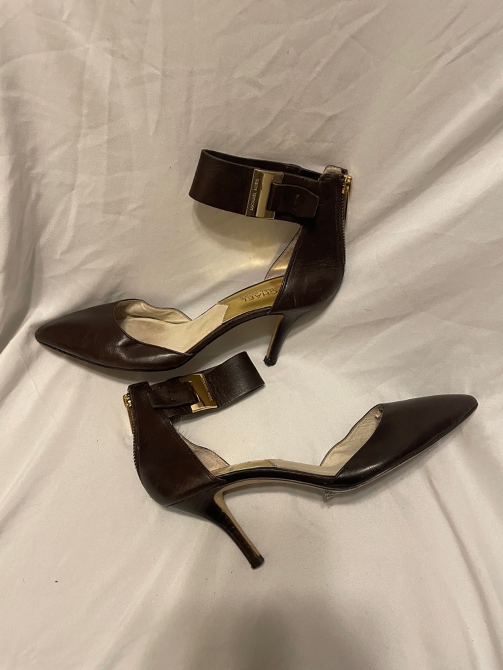 Michael Kors Dark Brown Pointed-Toe Ankle-Strap Heels with Gold Accent